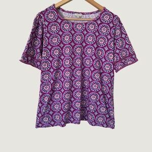 Talbots Plus Womens 1X Purple Medallion Print Cotton Top Tee Casual Boho